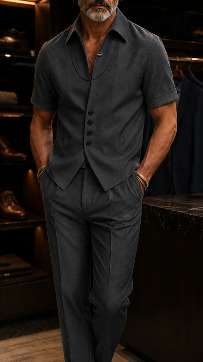 Refined Button Placket Short Sleeve Shirt Set